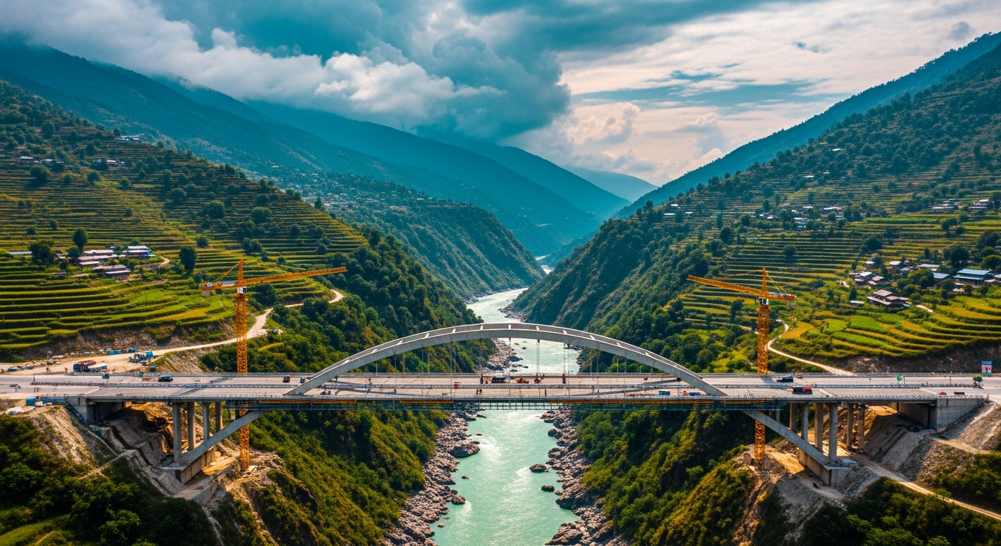 AI_IMAGE: Aerial view of a new highway bridge spanning a dramatic Himalayan river gorge in Nepal, construction cranes visible, lush green terraced hills on both sides, dramatic cloud formations above, bright and vivid photography with teal and warm amber toning | photorealistic | landscape