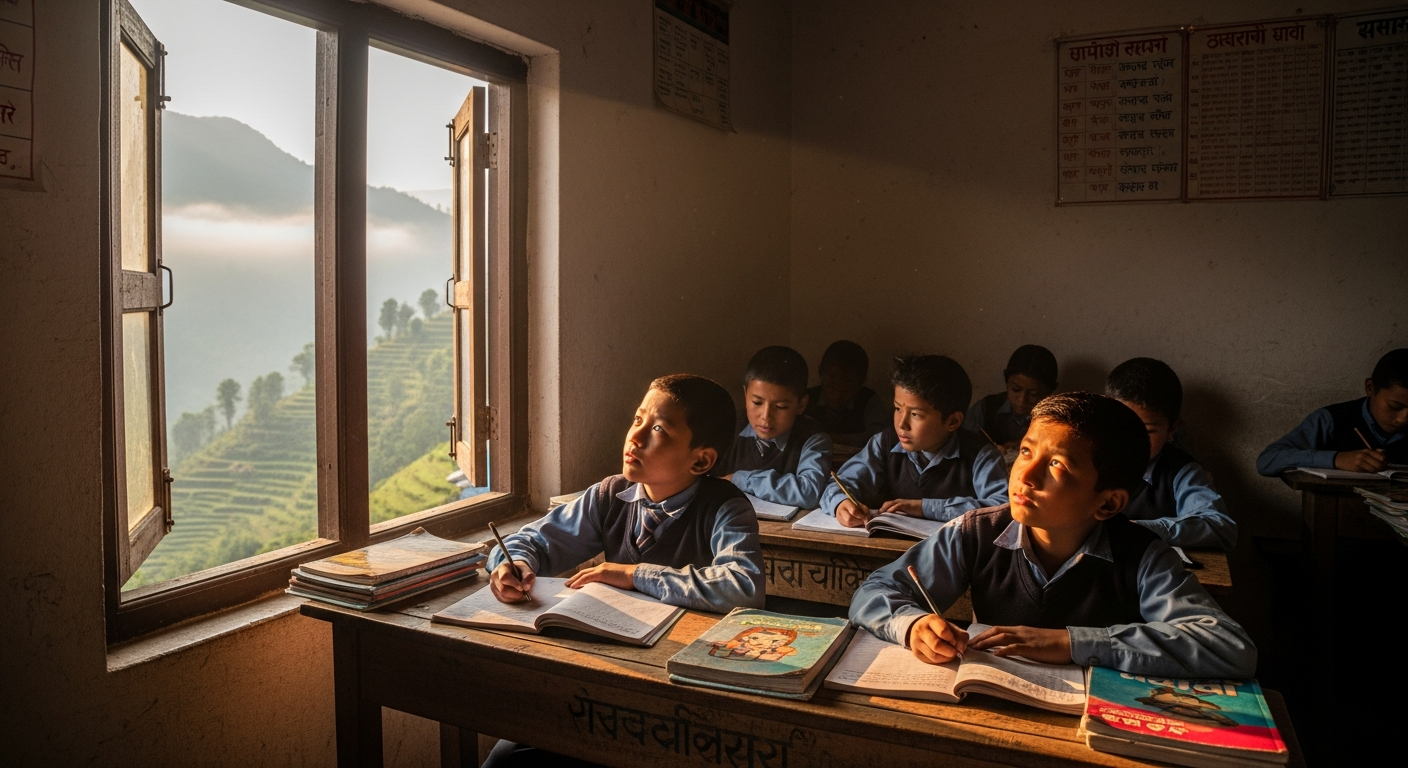AI_IMAGE: A classroom in rural Nepal with students studying by a window overlooking misty green hills, warm natural light filtering in, books and notebooks on wooden desks, bright documentary photography style | photorealistic | landscape